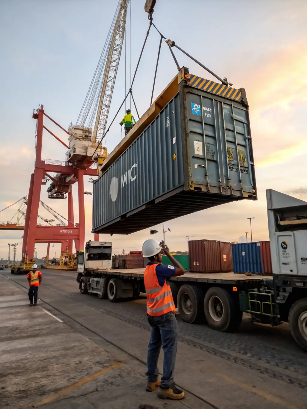 A container being loaded onto a RGX Operador Multimodal Ltda truck at the port of Manaus, illustrating the efficiency of port-to-port services.