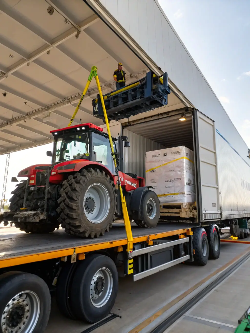 A detailed image of RGX Operador Multimodal Ltda's specialized equipment carefully loading agricultural machinery onto a truck, highlighting expertise in special cargo handling.