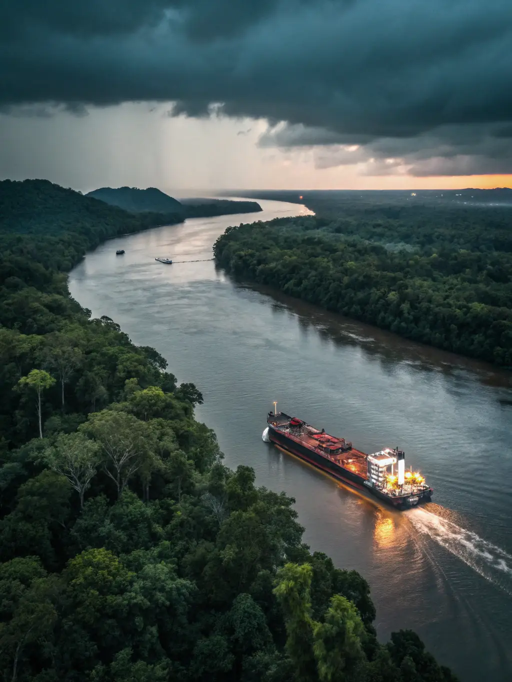 A wide shot of a RGX Operador Multimodal Ltda cargo ship navigating the Amazon River, emphasizing the scale and efficiency of fluvial freight operations.