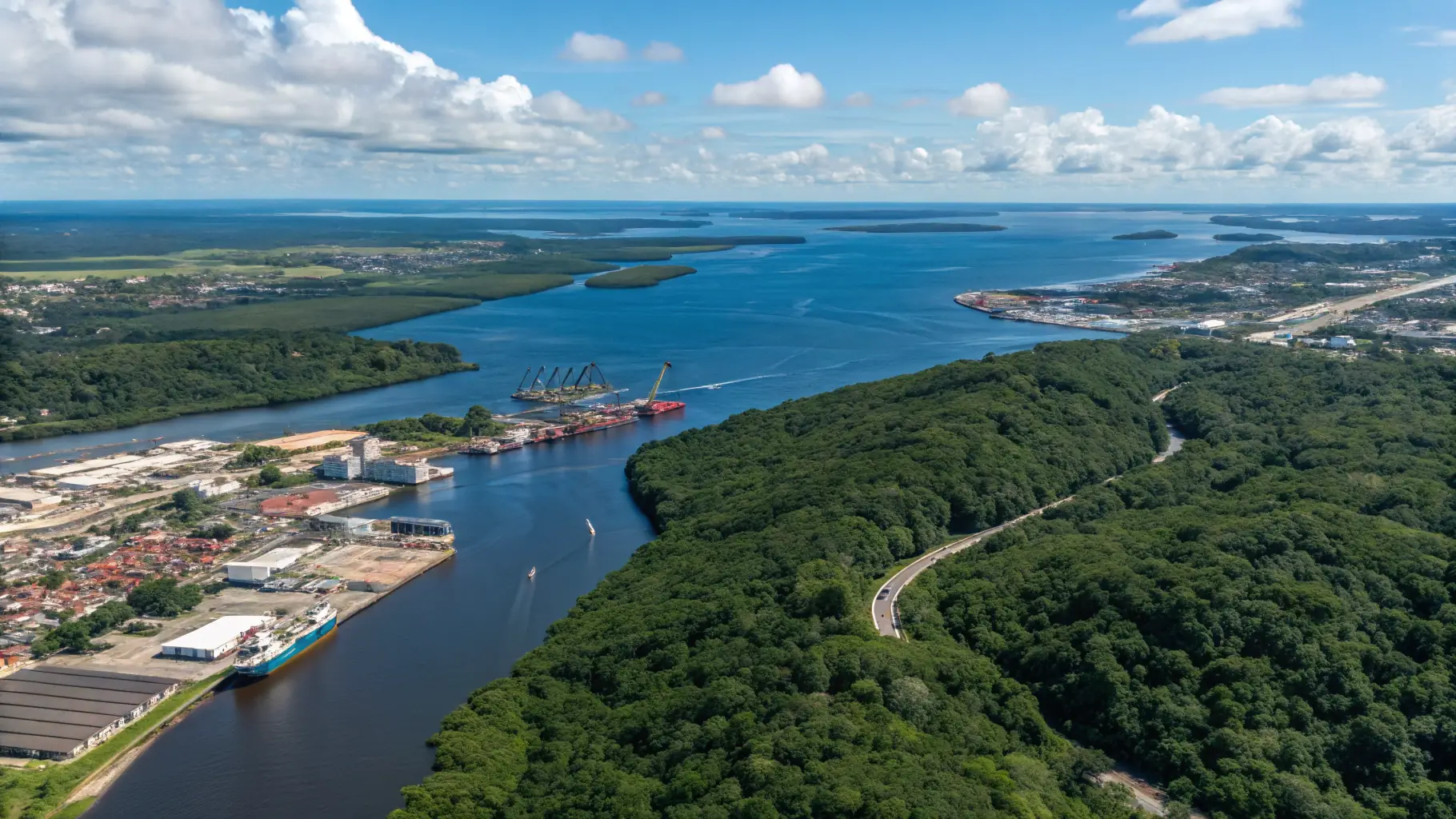 Aerial view of Manaus, Brazil, showcasing the port and the Rio Negro.
