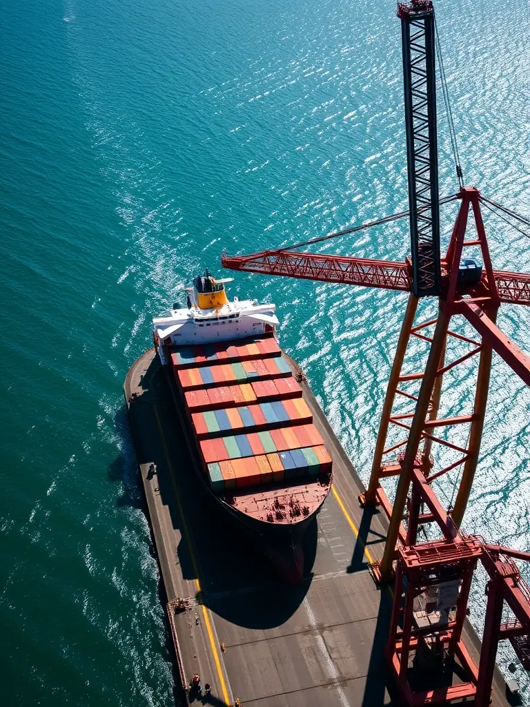 An aerial shot of a container ship being loaded at the port of Manaus, highlighting RGX's port-to-port transportation capabilities and its strategic location.