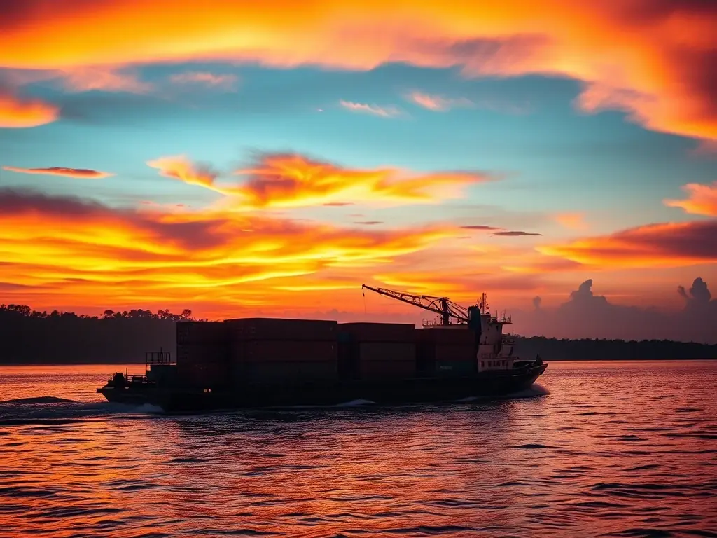 A barge loaded with containers navigating the Amazon River at sunset, showcasing the scale and efficiency of RGX Operador Multimodal Ltda's fluvial operations.