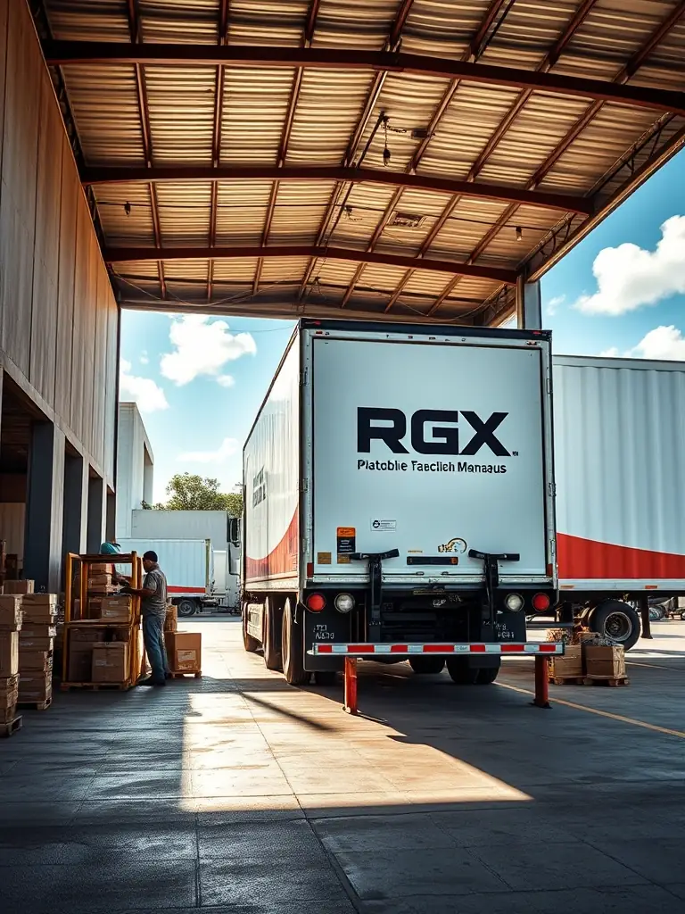A vibrant photograph showcasing RGX's door-to-door delivery service, featuring a branded truck unloading goods at a customer's warehouse in Manaus, emphasizing convenience and reliability.