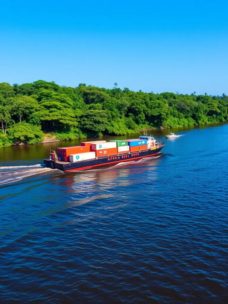 A photograph of a barge navigating the Amazon River, showcasing RGX's fluvial freight services and its commitment to reaching remote locations.