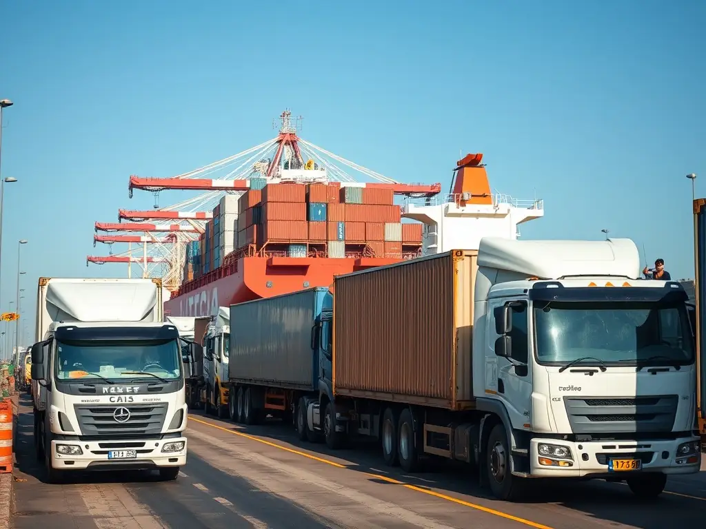 A diverse range of cargo being loaded onto a barge, including containers, agricultural machinery, and project cargo, demonstrating RGX Operador Multimodal Ltda's capability to handle various types of freight.